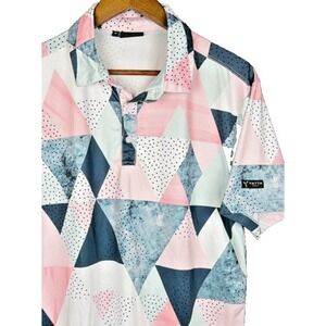 Yatta Golf Shirt Mens Medium Pink Teal Geometric Triangles Performance Polo